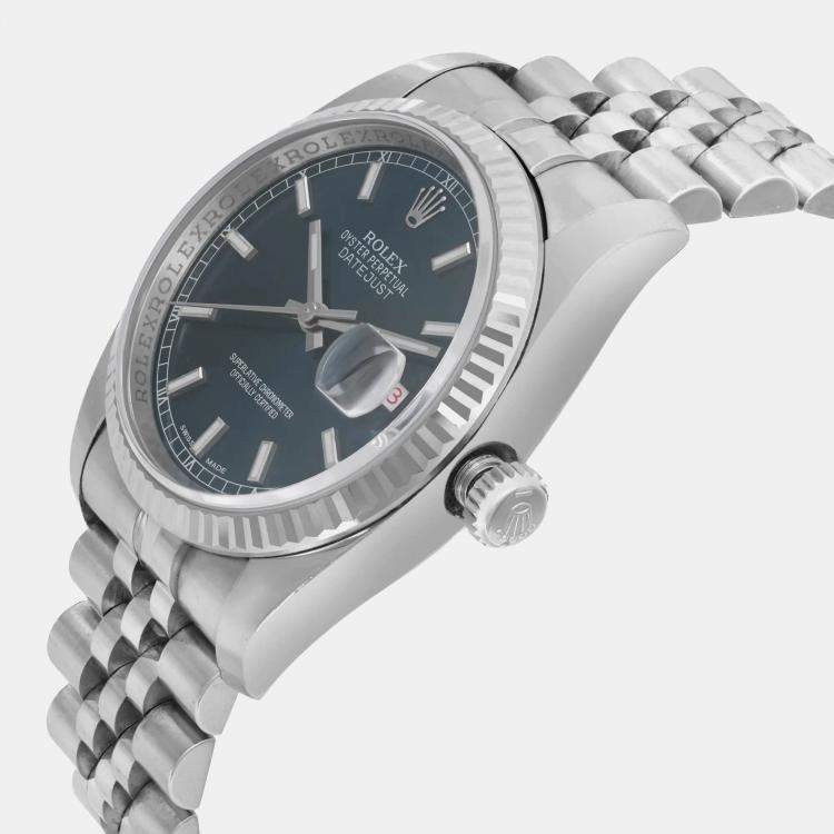 Pre Owned Rolex Blue 18K White Gold Datejust 116234 Automatic Men's Wristwatch 36 mm