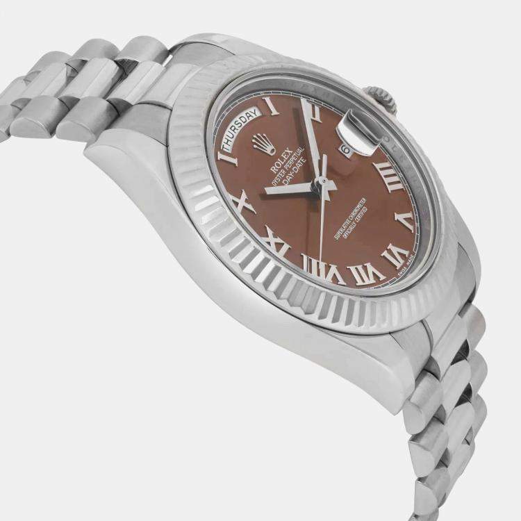 Pre Owned Rolex Brown 18K White Gold Day-Date President 218239 Automatic Men's Wristwatch 41mm