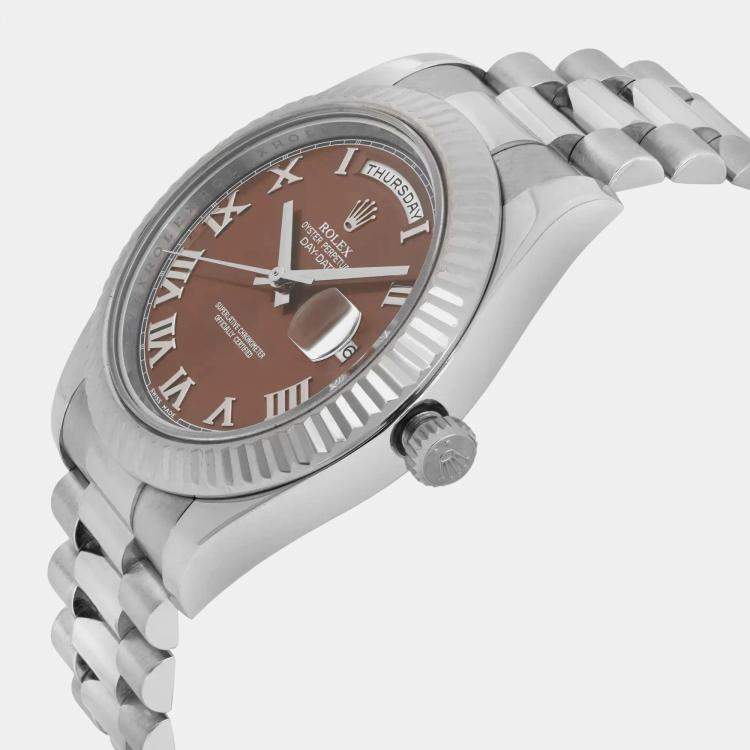 Pre Owned Rolex Brown 18K White Gold Day-Date President 218239 Automatic Men's Wristwatch 41mm