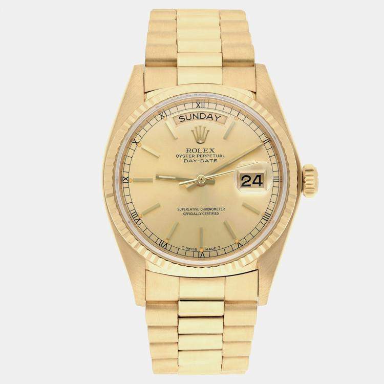 Pre Owned Rolex Day-Date 18038 Automatic Champagne 18k Yellow Gold Men's Wristwatch 36 mm