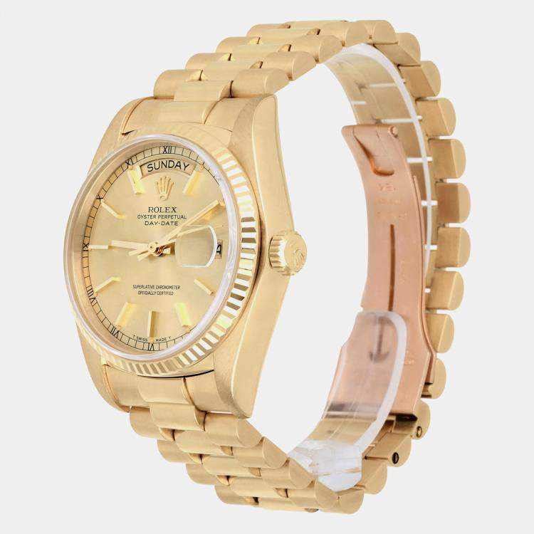 Pre Owned Rolex Day-Date 18038 Automatic Champagne 18k Yellow Gold Men's Wristwatch 36 mm