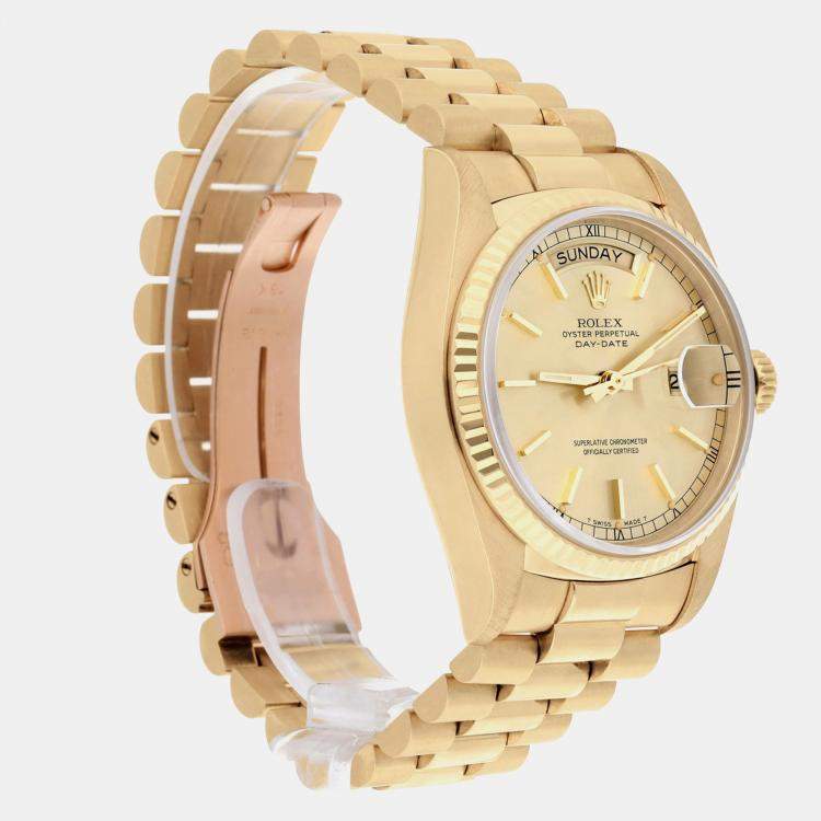 Pre Owned Rolex Day-Date 18038 Automatic Champagne 18k Yellow Gold Men's Wristwatch 36 mm