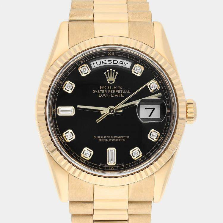 Pre Owned Rolex Day-Date 118238 Automatic Black 18k Yellow Gold Men's Wristwatch 36 mm