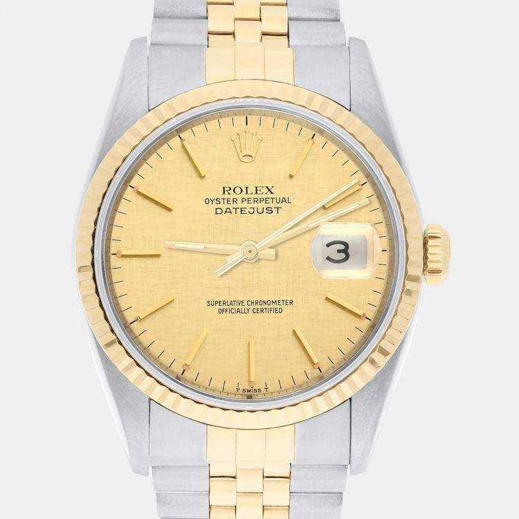 Pre Owned Rolex Datejust 16233 Automatic Champagne 18k Yellow Gold Stainless Steel Men's Wristwatch 36 mm