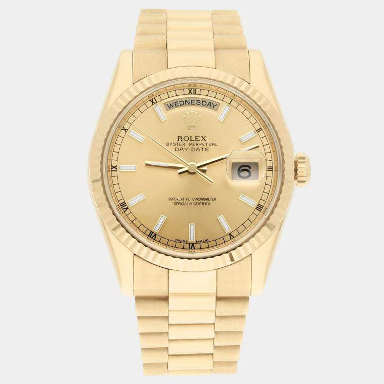 Pre Owned Rolex Day-Date 118238 Automatic Champagne 18k Yellow Gold Men's Wristwatch 36 mm