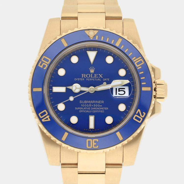 Pre Owned Rolex Submariner 116618LB Automatic Blue 18k Yellow Gold Men's Wristwatch 40 mm