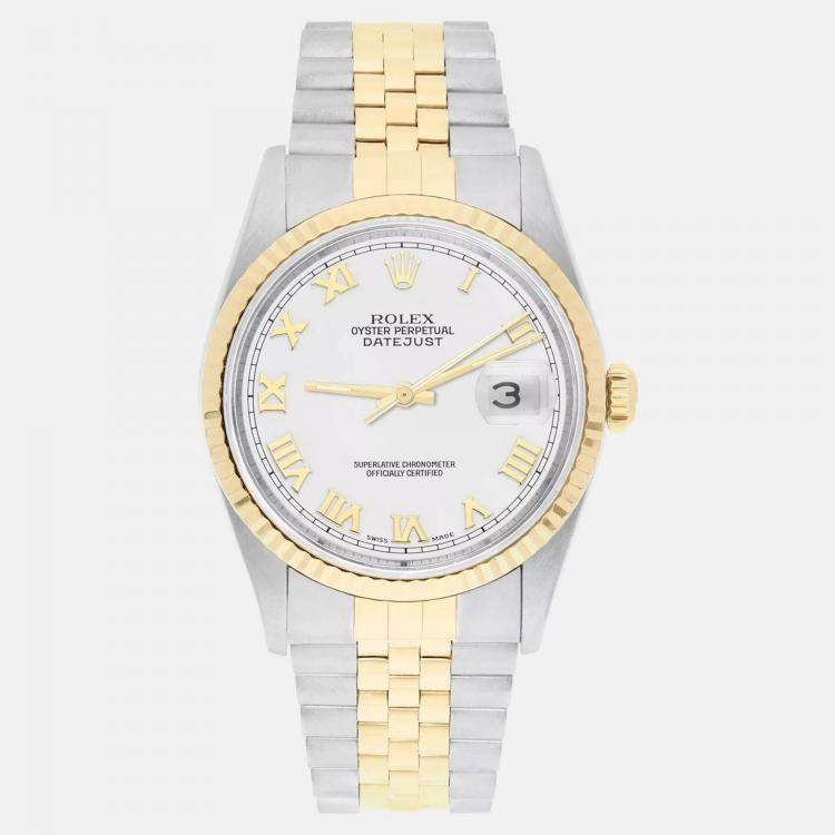 Pre Owned Rolex Datejust 16233 Automatic White 18k Yellow Gold Stainless Steel Men's Wristwatch 36 mm