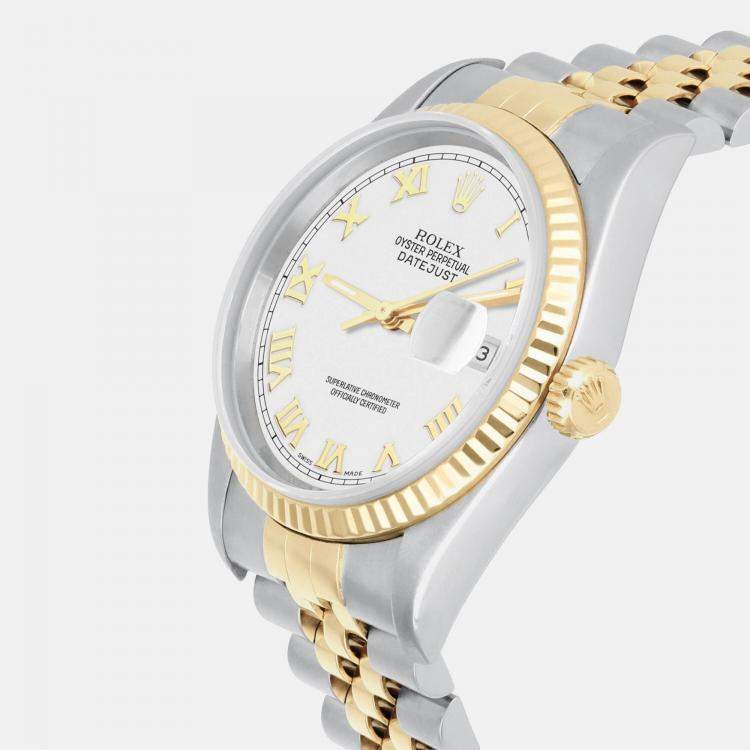 Pre Owned Rolex Datejust 16233 Automatic White 18k Yellow Gold Stainless Steel Men's Wristwatch 36 mm