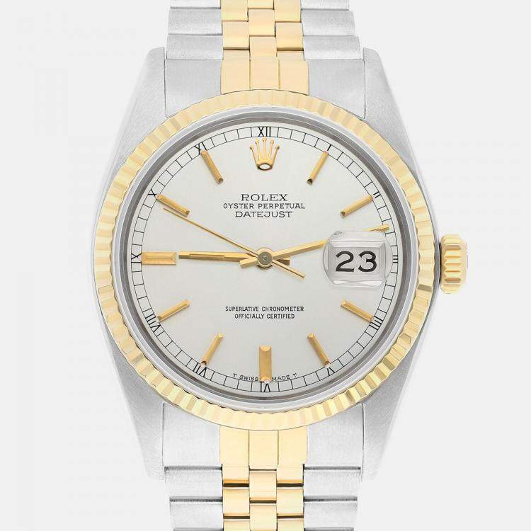 Pre Owned Rolex Datejust 16013 Automatic Silver 18k Yellow Gold Stainless Steel Men's Wristwatch 36 mm