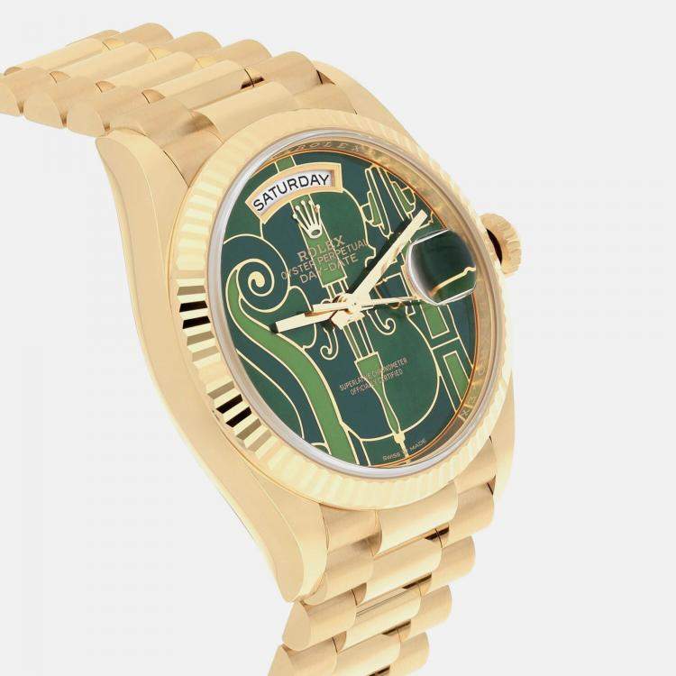 Pre Owned Rolex Day-Date 128238 Automatic Green 18k Yellow Gold Men's Wristwatch 36 mm