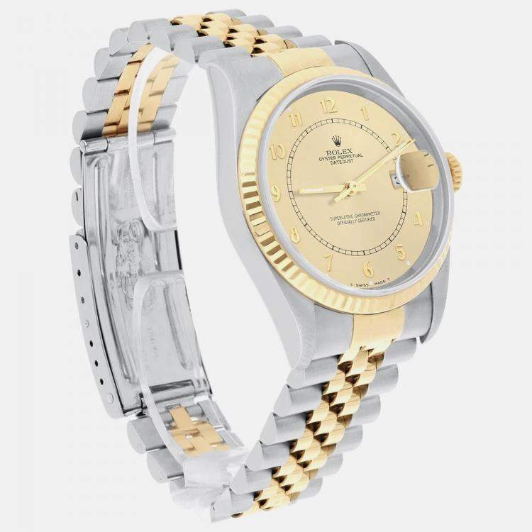 Pre Owned Rolex Datejust 16233 Automatic Champagne 18k Yellow Gold Stainless Steel Men's Wristwatch 36 mm