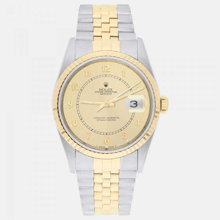 Pre Owned Rolex Datejust 16233 Automatic Champagne 18k Yellow Gold Stainless Steel Men's Wristwatch 36 mm