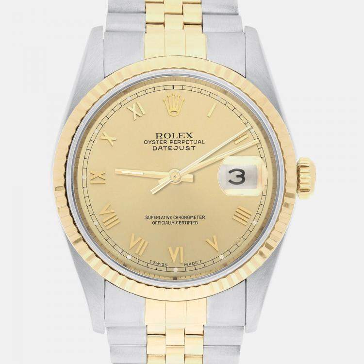 Pre Owned Rolex Datejust 16233 Automatic Champagne 18k Yellow Gold Stainless Steel Men's Wristwatch 36 mm