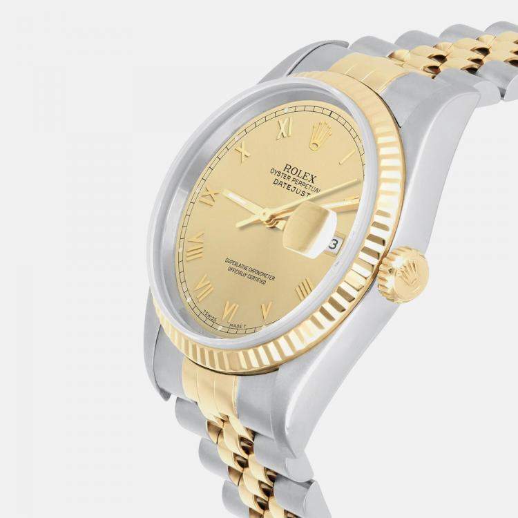 Pre Owned Rolex Datejust 16233 Automatic Champagne 18k Yellow Gold Stainless Steel Men's Wristwatch 36 mm