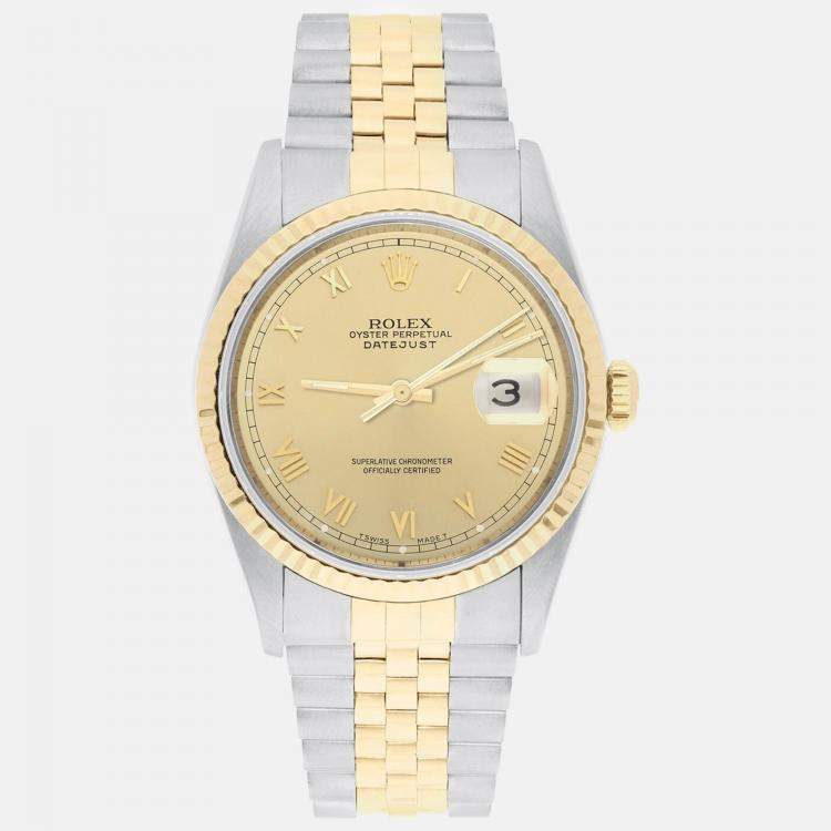 Pre Owned Rolex Datejust 16233 Automatic Champagne 18k Yellow Gold Stainless Steel Men's Wristwatch 36 mm