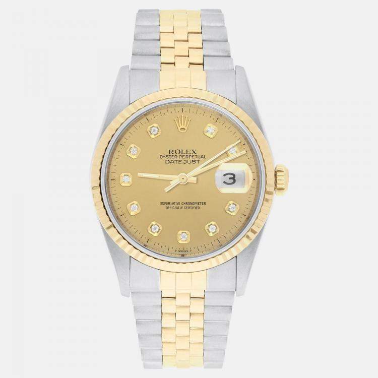 Pre Owned Rolex Datejust 16233 Automatic Champagne 18k Yellow Gold Stainless Steel Men's Wristwatch 36 mm