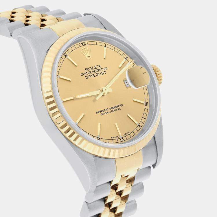 Pre Owned Rolex Datejust 16233 Automatic Champagne 18k Yellow Gold Stainless Steel Men's Wristwatch 36 mm
