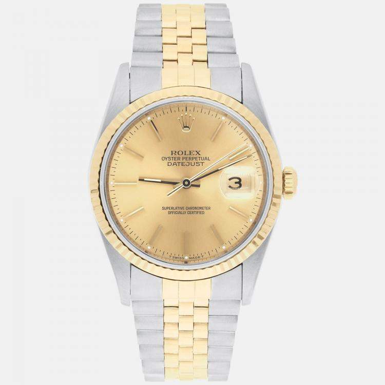 Pre Owned Rolex Datejust 16233 Automatic Champagne 18k Yellow Gold Stainless Steel Men's Wristwatch 36 mm