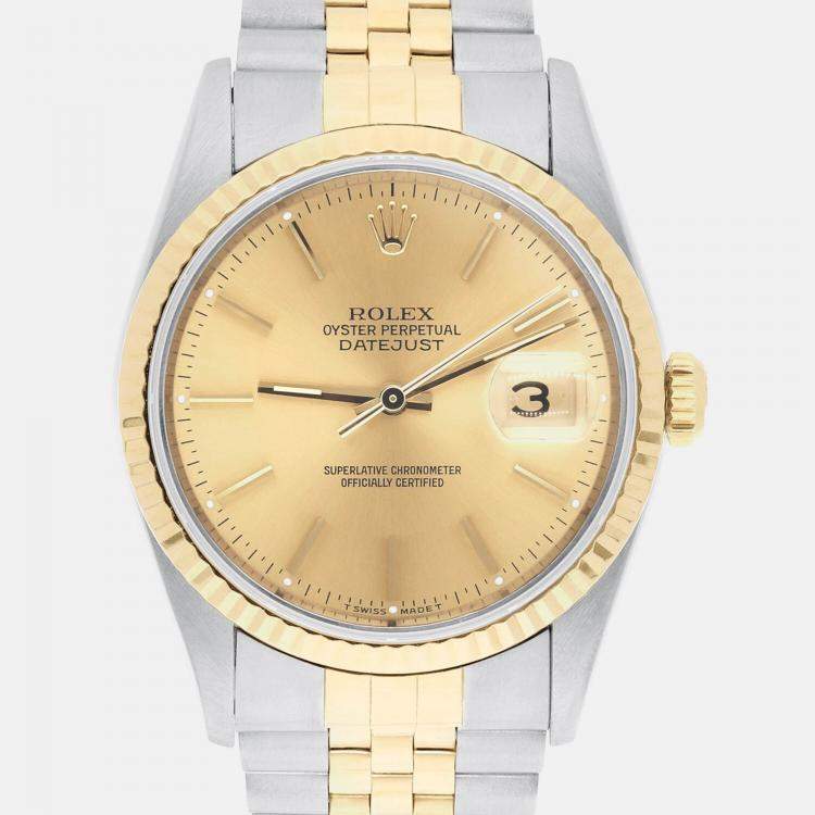 Pre Owned Rolex Datejust 16233 Automatic Champagne 18k Yellow Gold Stainless Steel Men's Wristwatch 36 mm