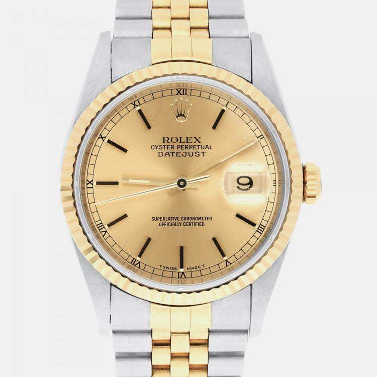 Pre Owned Rolex Datejust 16233 Automatic Champagne 18k Yellow Gold Stainless Steel Men's Wristwatch 36 mm