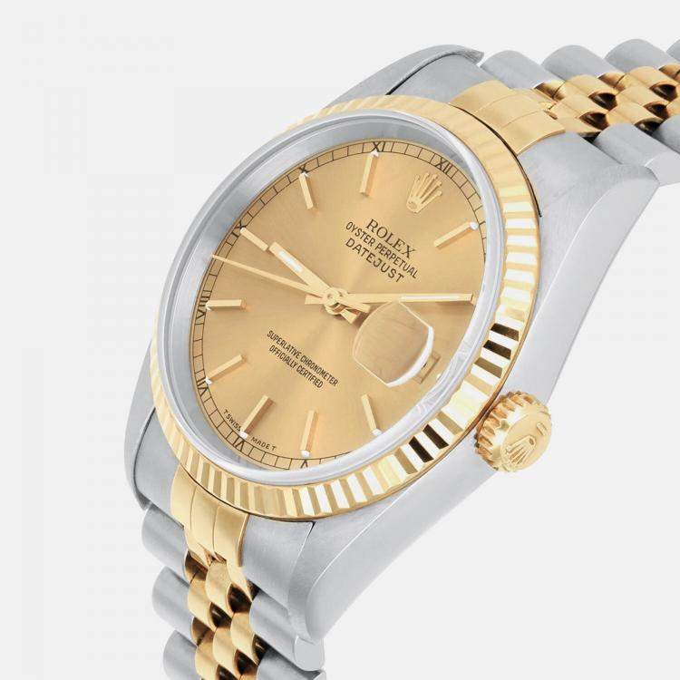 Pre Owned Rolex Datejust 16233 Automatic Champagne 18k Yellow Gold Stainless Steel Men's Wristwatch 36 mm