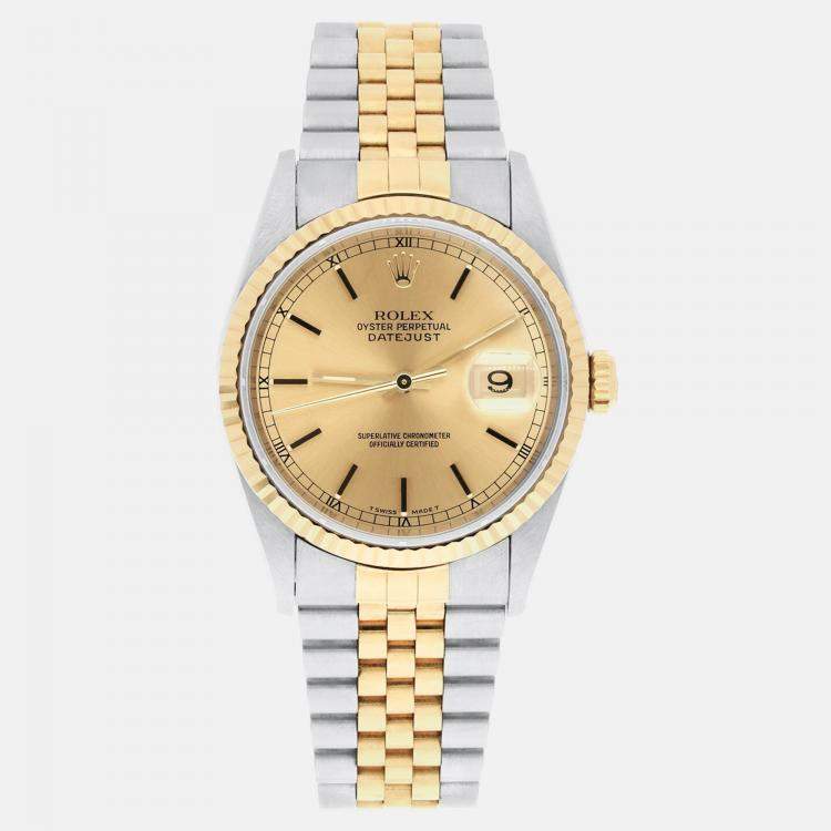 Pre Owned Rolex Datejust 16233 Automatic Champagne 18k Yellow Gold Stainless Steel Men's Wristwatch 36 mm