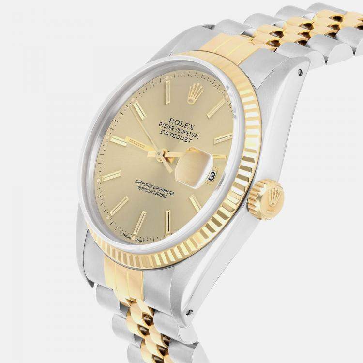 Pre Owned Rolex Datejust 16013 Automatic Champagne 18k Yellow Gold Stainless Steel Men's Wristwatch 36 mm