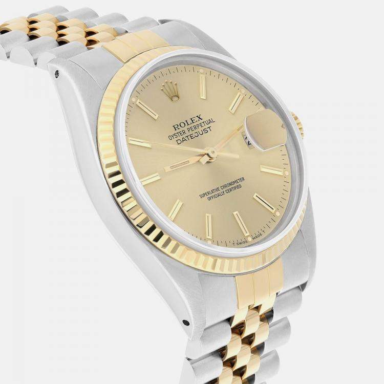 Pre Owned Rolex Datejust 16013 Automatic Champagne 18k Yellow Gold Stainless Steel Men's Wristwatch 36 mm