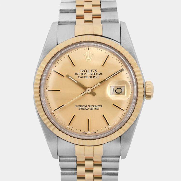 Pre Owned Rolex Datejust 16013 Automatic Champagne Dial 18K Yellow Gold Stainless Steel Men's Wristwatch 36 mm