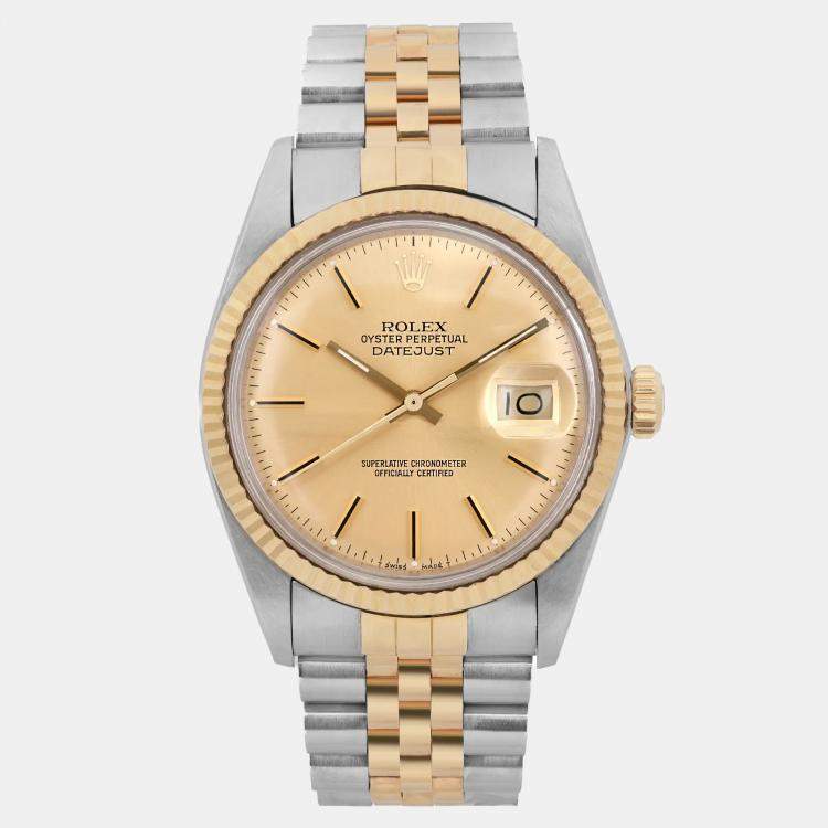 Pre Owned Rolex Datejust 16013 Automatic Champagne Dial 18K Yellow Gold Stainless Steel Men's Wristwatch 36 mm