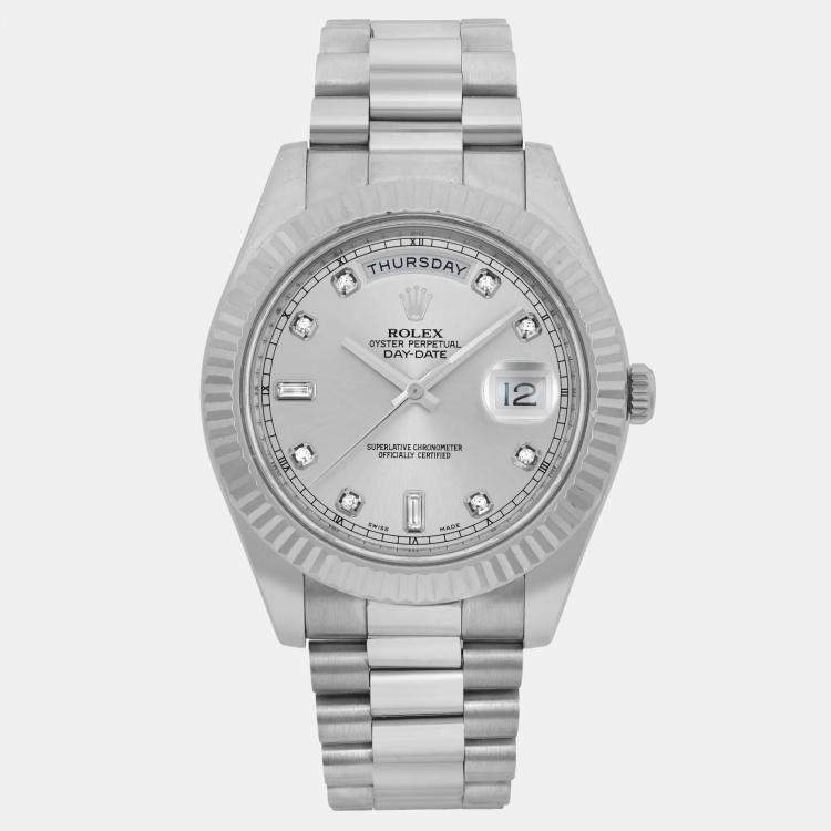 Pre Owned Rolex Day-Date President 218239 Automatic Silver Diamond Dial 18K White Gold Men's Wristwatch 41 mm