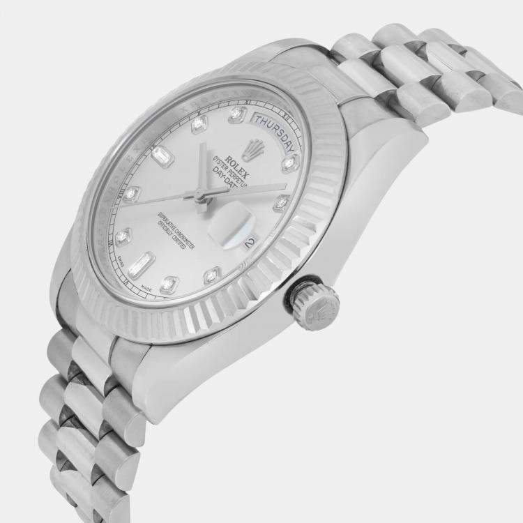 Pre Owned Rolex Day-Date President 218239 Automatic Silver Diamond Dial 18K White Gold Men's Wristwatch 41 mm