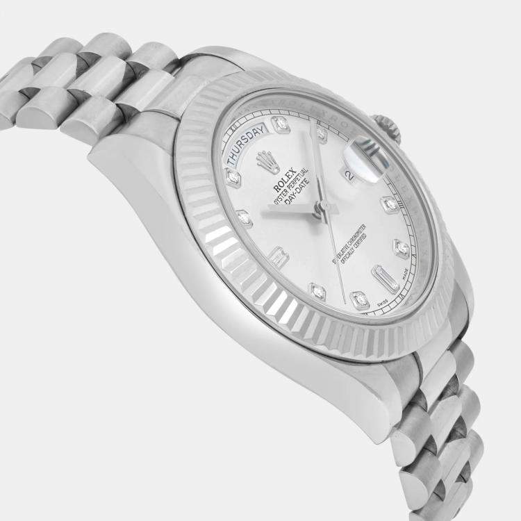 Pre Owned Rolex Day-Date President 218239 Automatic Silver Diamond Dial 18K White Gold Men's Wristwatch 41 mm