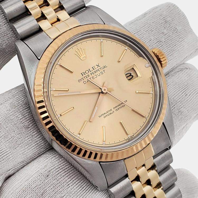 Pre Owned Rolex Datejust 16013 Automatic Champagne 18k Yellow Gold Stainless Steel Men's Wristwatch 36 mm