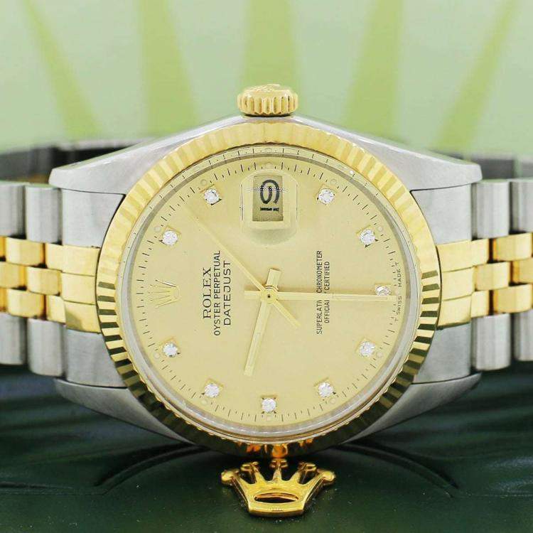 Pre Owned Rolex Champagne 18k Yellow Gold Stainless Steel Diamond Datejust 16013 Automatic Men's Wristwatch 36 mm