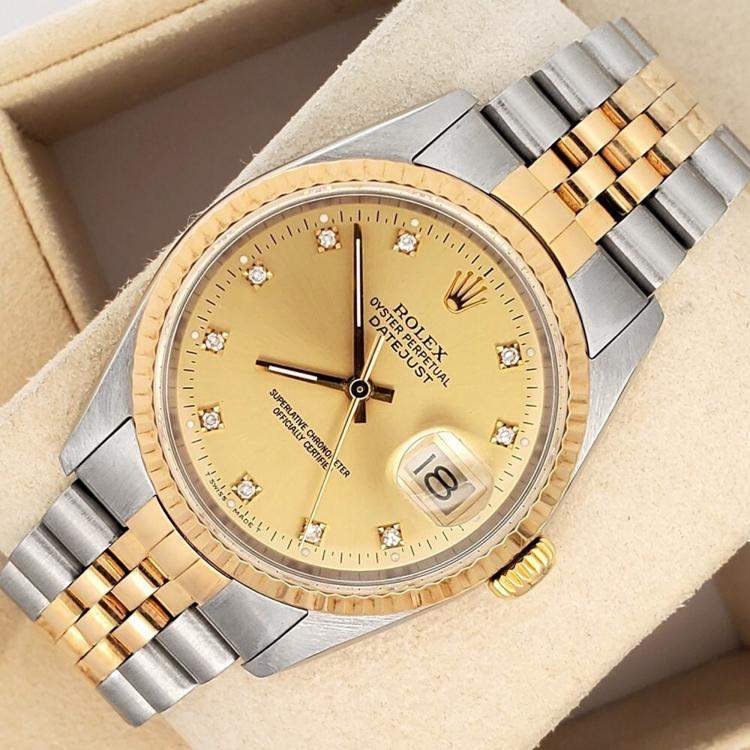 Pre Owned Rolex Datejust 16233 Automatic Champagne 18k Yellow Gold Stainless Steel Men's Wristwatch 36 mm