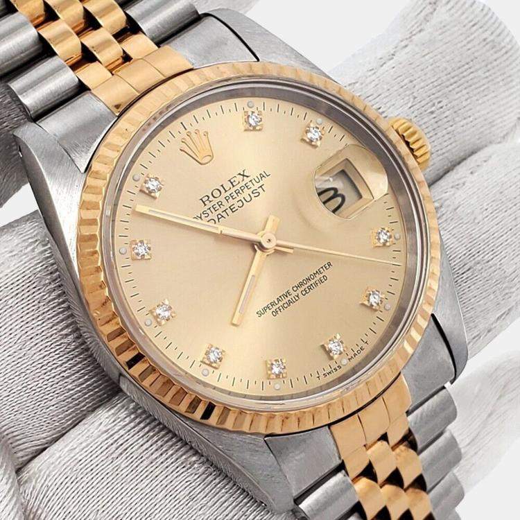 Pre Owned Rolex Datejust 16233 Automatic Champagne 18k Yellow Gold Stainless Steel Men's Wristwatch 36 mm