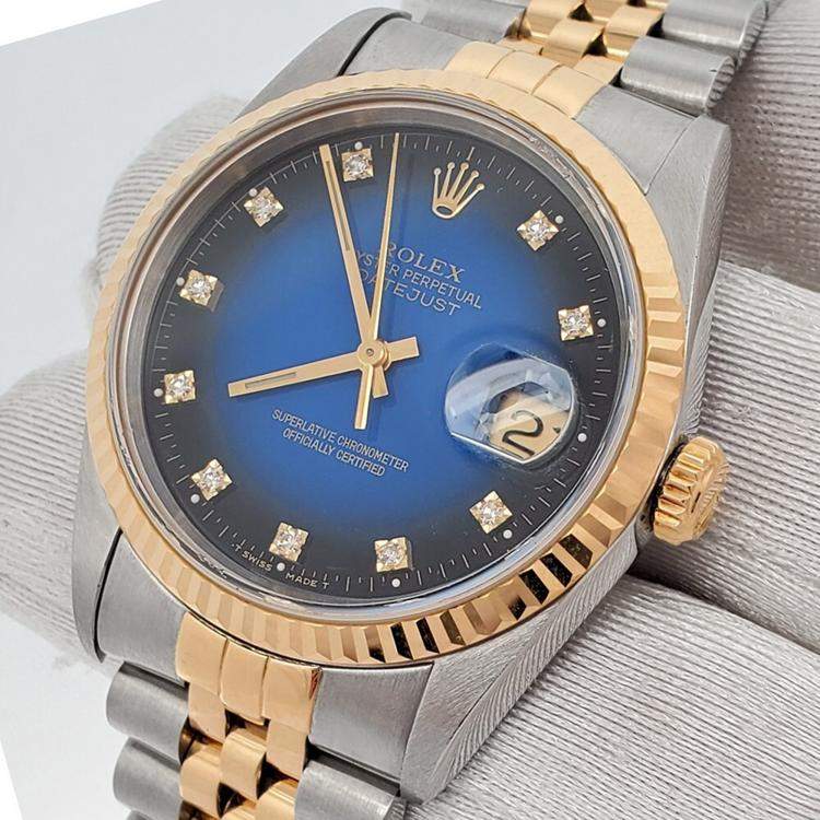 Pre Owned Rolex Datejust 16233 Automatic Blue 18k Yellow Gold Stainless Steel Men's Wristwatch 36 mm