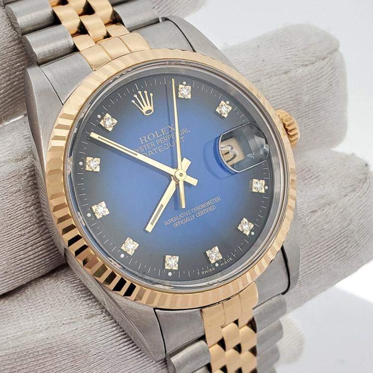 Pre Owned Rolex Datejust 16233 Automatic Blue 18k Yellow Gold Stainless Steel Men's Wristwatch 36 mm