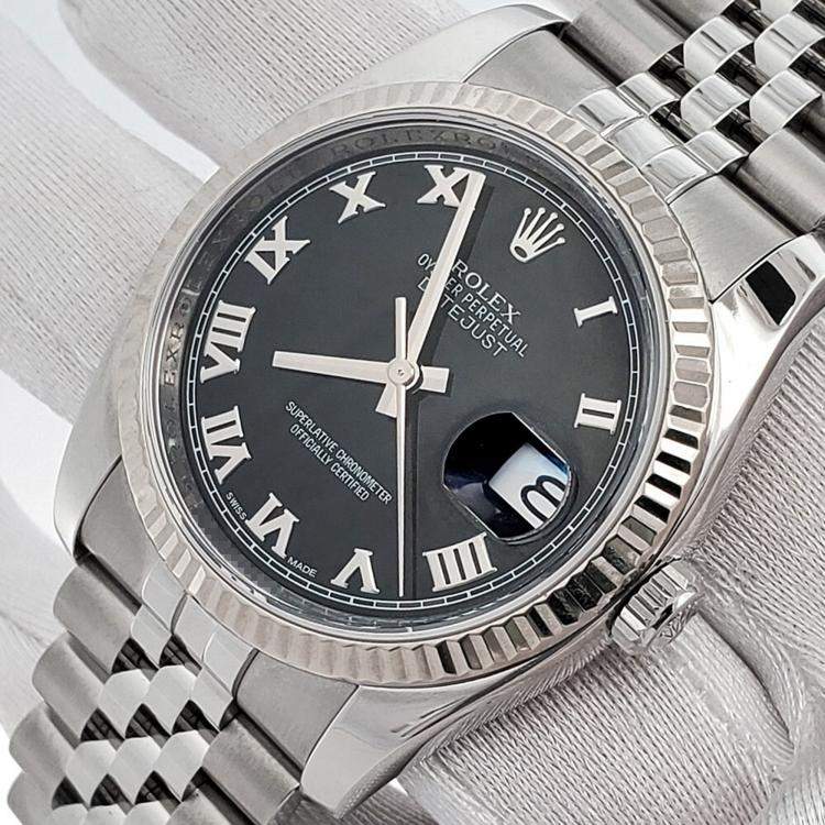 Pre Owned Rolex Datejust 116234 Automatic Black 18k White Gold Stainless Steel Men's Wristwatch 36 mm