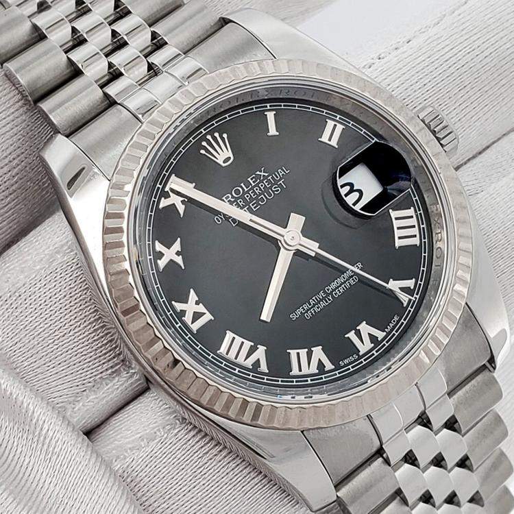 Pre Owned Rolex Datejust 116234 Automatic Black 18k White Gold Stainless Steel Men's Wristwatch 36 mm