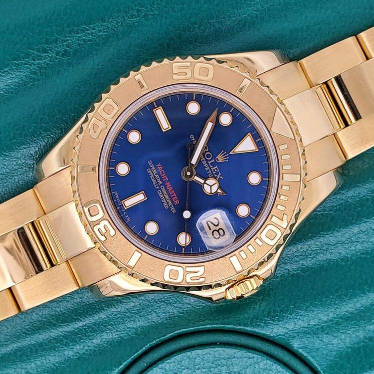 Pre Owned Rolex Yacht Master 68628 Automatic Blue 18K Yellow Gold Men’s Wristwatch 35 mm
