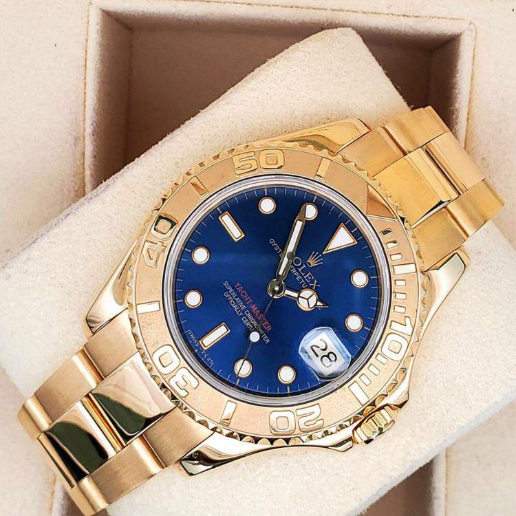 Pre Owned Rolex Yacht Master 68628 Automatic Blue 18K Yellow Gold Men’s Wristwatch 35 mm