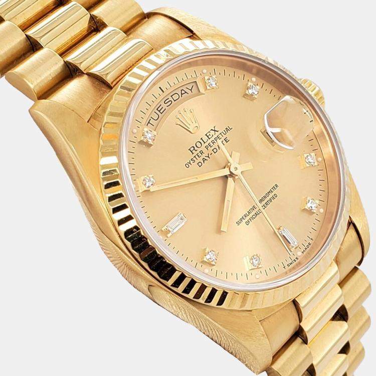 مملوكة مسبقًا Rolex President Day Date Automatic Diamond Champagne 18K Yellow Gold Men’s Wristwatch 36 mm