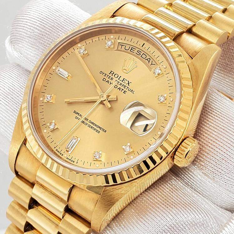 مملوكة مسبقًا Rolex President Day Date Automatic Diamond Champagne 18K Yellow Gold Men’s Wristwatch 36 mm