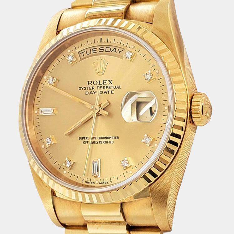 مملوكة مسبقًا Rolex President Day Date Automatic Diamond Champagne 18K Yellow Gold Men’s Wristwatch 36 mm