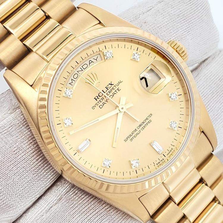 Pre Owned Rolex Day-Date 18038 Automatic Champagne Diamond 18K Yellow Gold Men’s Wristwatch 36 mm