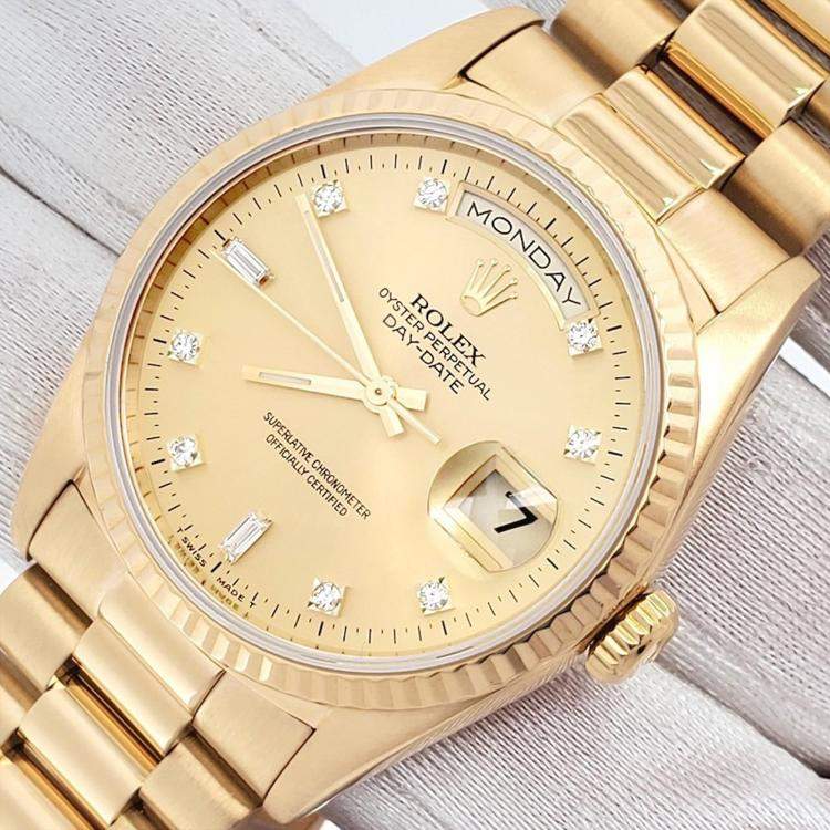 Pre Owned Rolex Day-Date 18038 Automatic Champagne Diamond 18K Yellow Gold Men’s Wristwatch 36 mm