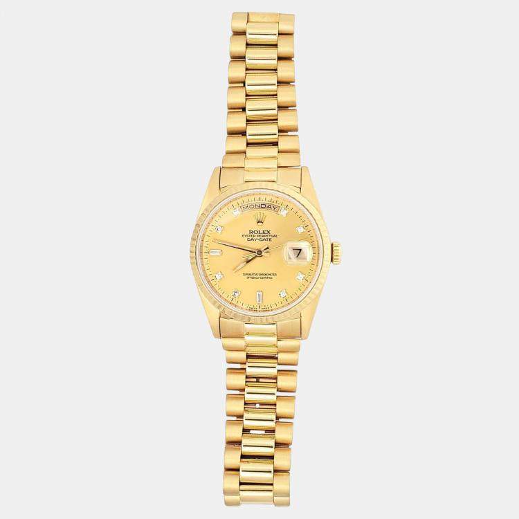 Pre Owned Rolex Day-Date 18038 Automatic Champagne Diamond 18K Yellow Gold Men’s Wristwatch 36 mm
