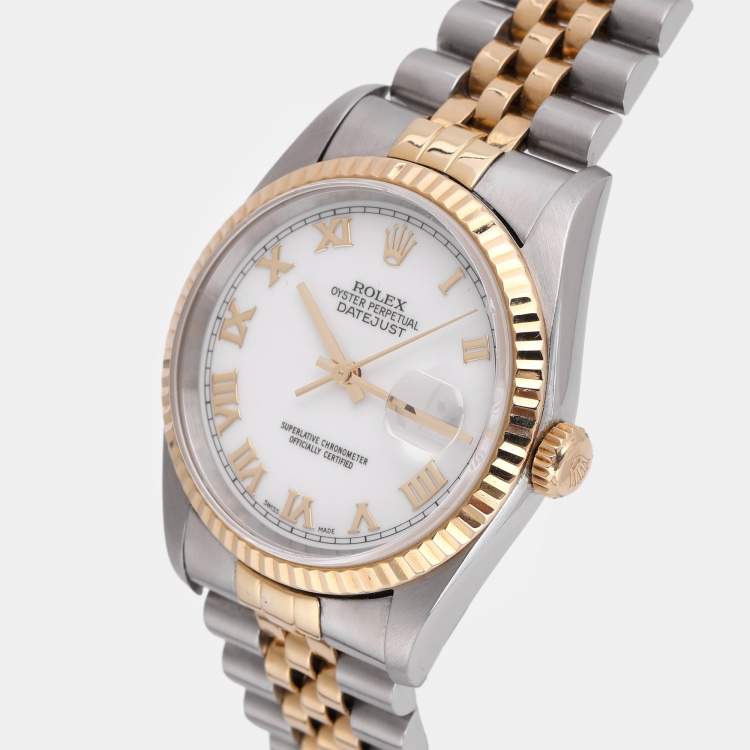 Pre Owned Rolex White 18K Yellow Gold & Stainless Steel Datejust 16233 Automatic Unisex Wristwatch 35 mm